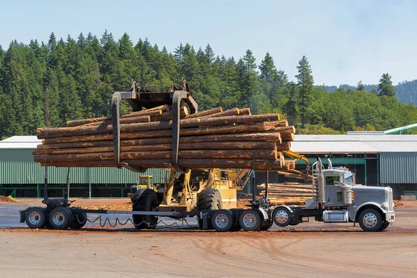 Logs unloading off semi truck at lumber yard in Oregon