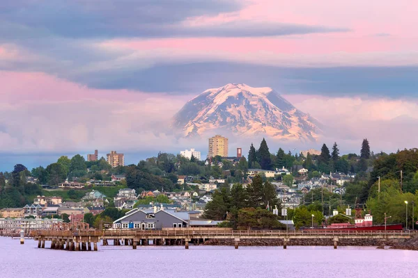 Mount Rainier Tacoma Washington Waterfront Alpenglow Sunset Evening Stock Photo