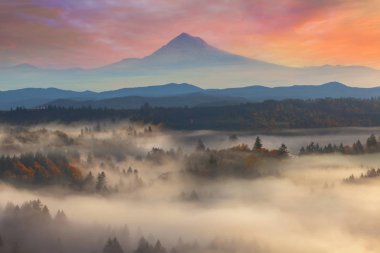Mount Hood sisli Sandy River Valley gündoğumu sonbahar mevsiminde üzerinde