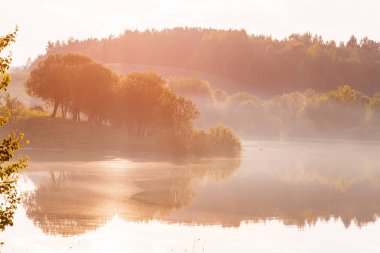 Sisli yaz Gölü sabah ışığında kaplı ve yemyeşil bitki örtüsü ile çevrili