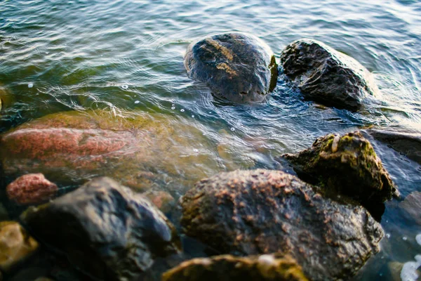 Velké Kameny Pobřeží Omývané Vodou Detail — Stock fotografie