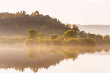 Kırsal kesimde göl yakınındaki sisli gündoğumu