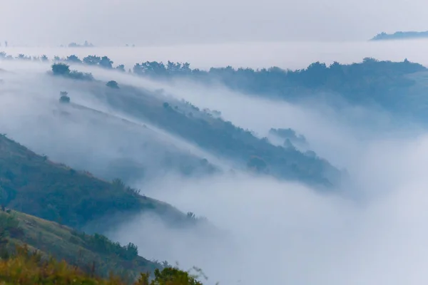 Pistas Montaña Cubiertas Espesa Niebla Temprano Mañana Ucrania — Foto de Stock