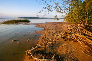 Göl kıyısı yatay, parlak güneş ışığı yaktı