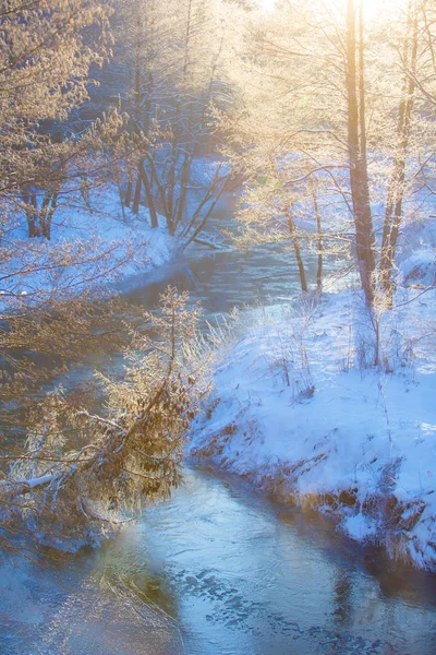 Matin Givré Brillant Sur Courbe Rivière Jour Hiver — Photo