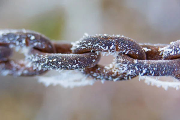 Rostige Metallkette Mit Raureif Überzogen — Stockfoto