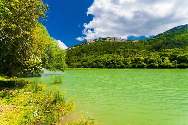 Green lake rippling close to mountains. Sunny landscape