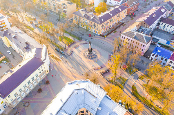 Brest, Belarus - April 17, 2019: Main square in Brest on sunny morning. Town aerial landscape