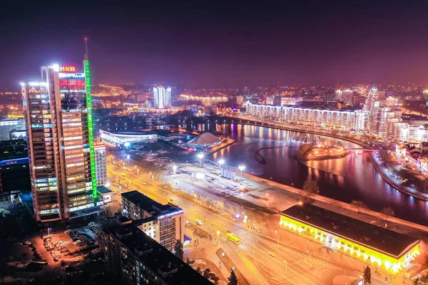 Minsk city brightly illuminated, aerial landscape — Stock Photo, Image