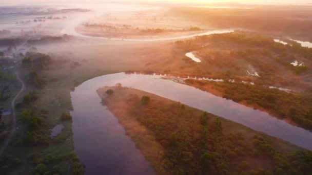 Яскраво Сонячний Ранок Над Туманною Річкою Красивий Повітряний Пейзаж — стокове відео
