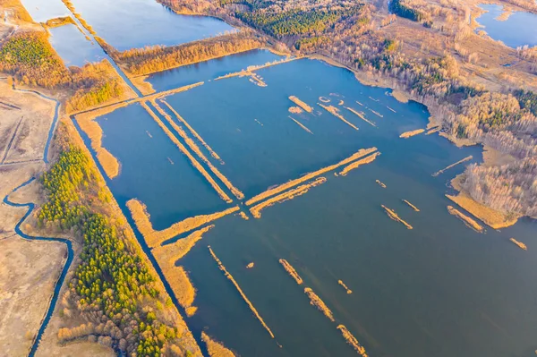 田舎で水で覆われた泥炭の沼。貯水池に沿って森林。空中風景 — ストック写真