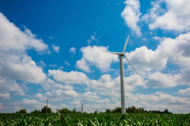 Rüzgar türbini konsepti. Kırsal alanda üretilen yenilenebilir enerji. Ekolojik sorun