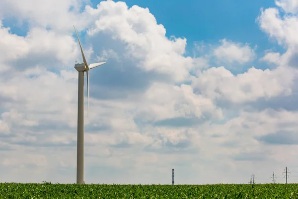 Natural resource concept. Renewable energy produced in rural area. Wind turbine in green field