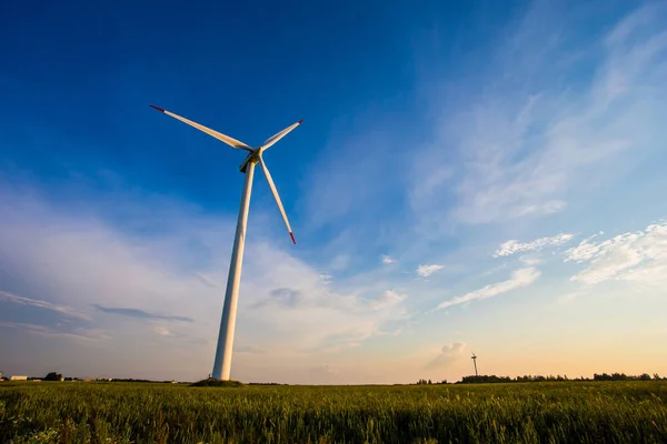 Kırsal kesimde güneşli bir akşam. Mavi gökyüzü arka planda rüzgar türbini. Yenilenebilir enerji kavramı