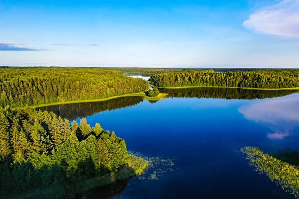 Környezeti koncepció. Gyönyörű tavak és zöld erdők kék égbolton, légi tájkép — Stock Fotó