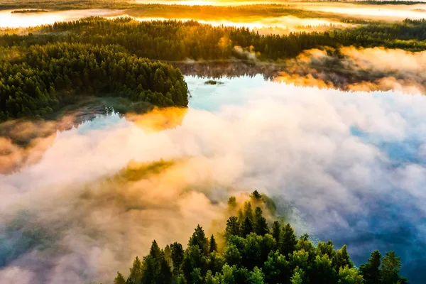 Lever de soleil le matin brumeux, paysage aérien. Forêt verte et lacs bleus à la campagne — Photo