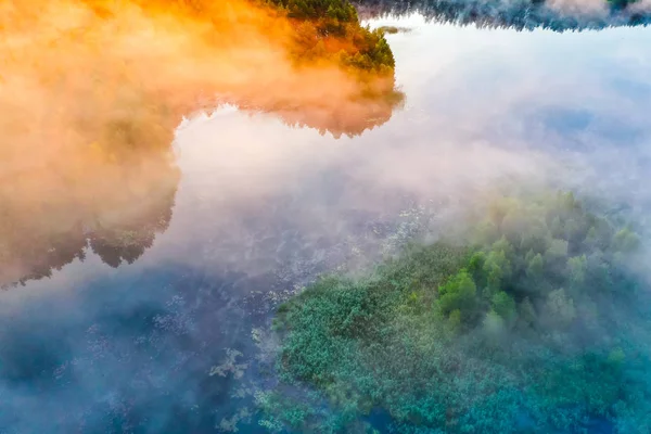 Köd lóg mint tó erdőben. Légi tájkép. A környezet fogalma — Stock Fotó