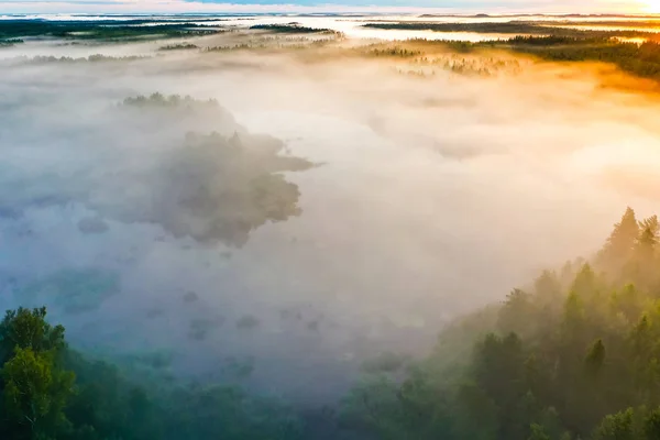 Gruba koncepcja mgły. Wilgotność w Narodowym Parku jezior, krajobraz powietrzny. Koncepcja ekologii — Zdjęcie stockowe