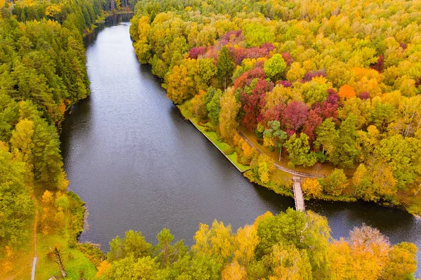 Река течет вдоль смешанных лесов осенью, воздушный пейзаж. Красочные окрестности — стоковое фото