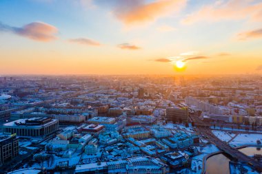Cold winter evening begins in Minsk city, aerial landscape