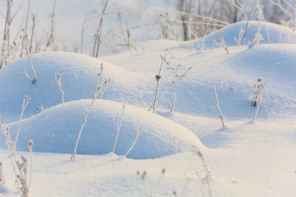 Schnee bedeckt den Boden an kalten Wintertagen aus nächster Nähe. Naturphänomen-Konzept — Stockfoto