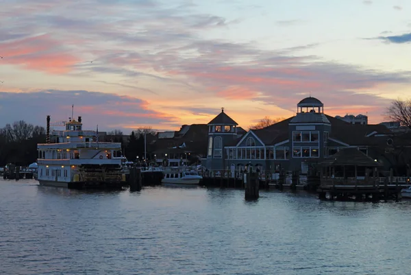 Deniz Araçları Şehir Manzarası Waterfront Alexandria Virginia Denizden Günbatımında Görüntülendi — Stok fotoğraf