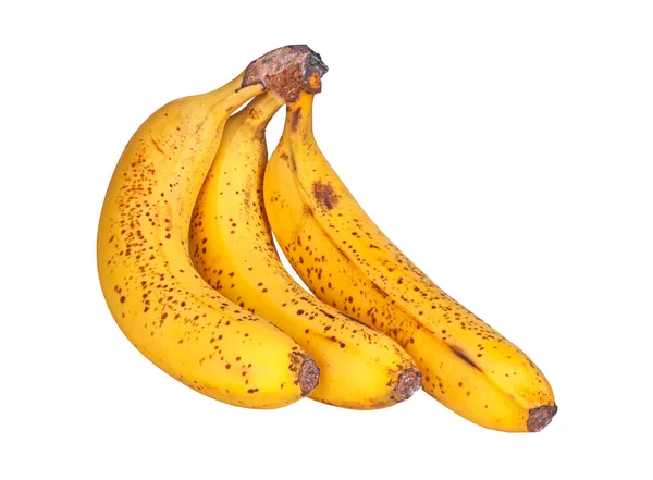 Trois Bananes Parfaitement Mûres Aux Taches Brunes Isolées Sur Fond — Photo