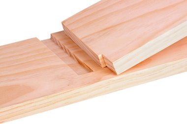 Close-up of two pine boards cut for a blind or stopped dado joint isolated against a white background clipart