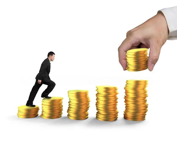 Side View Businessman Climbing Step Stairs Golden Coins Stacked Human — Stock Photo, Image