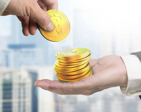 One hand picking golden digital coin of question mark from another hand. Concept of cryptocurrency, blockchain technology, bitcoin mining, electronic virtual money.