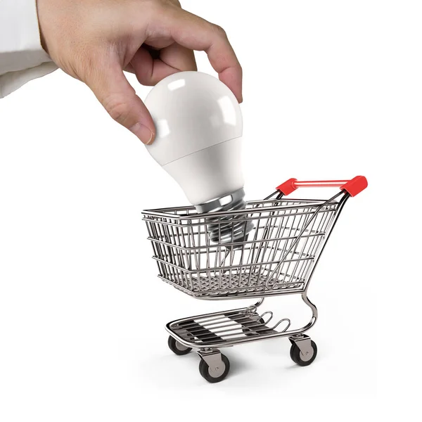 Hand Put One Led Bulb Shopping Cart Isolated White Background — Stock Photo, Image