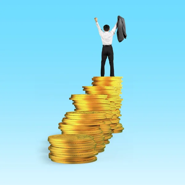 Rear View Businessman Standing Cheering Top Golden Coins Stacks Isolated — Stock Photo, Image