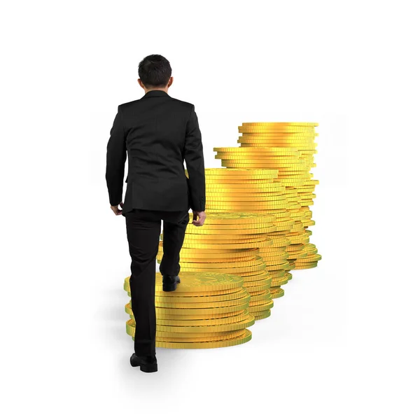 Rear View Businessman Climbing Step Stairs Golden Coins Stacks Isolated — Stock Photo, Image