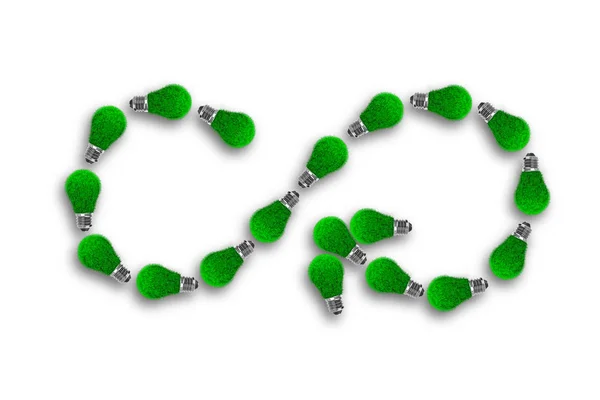 绿草灯泡以箭无穷循环符号的形式 在白色背景下隔绝 生态绿色能源和循环经济的概念 — 图库照片