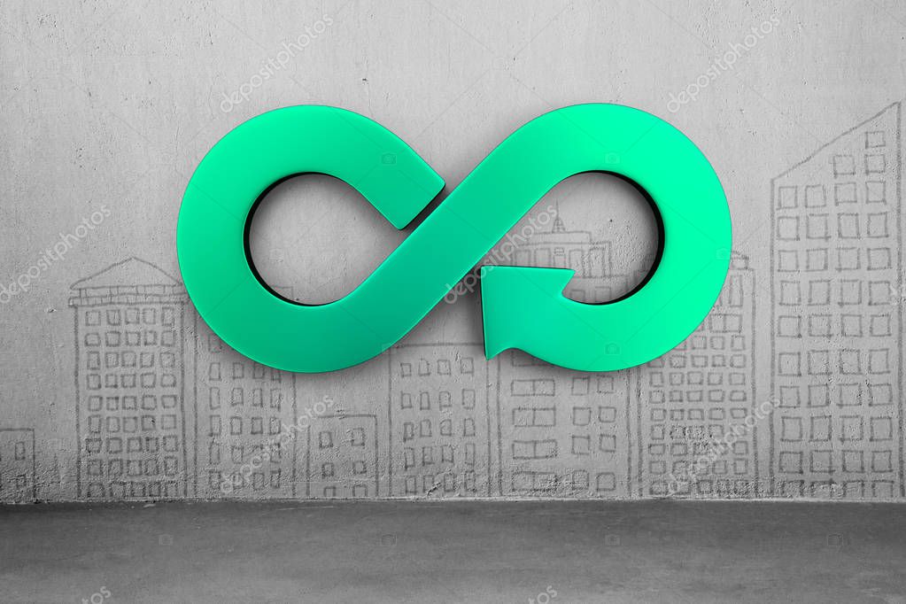 Circular economy concept. Green arrow infinity symbol on city buildings doodles concrete wall background.