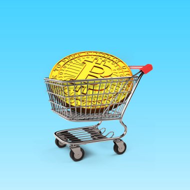 Alışveriş sepeti, beyaz arka plan üzerinde genel kavram-in cryptocurrency ve online alışveriş, 3d illüstrasyon izole üzerinde altın Bitcoin.