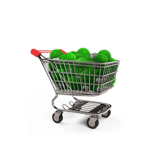 ショッピングで緑の草と電球のカート エコとグリーン エネルギーは 白で隔離の概念 イラストレーション — ストック写真