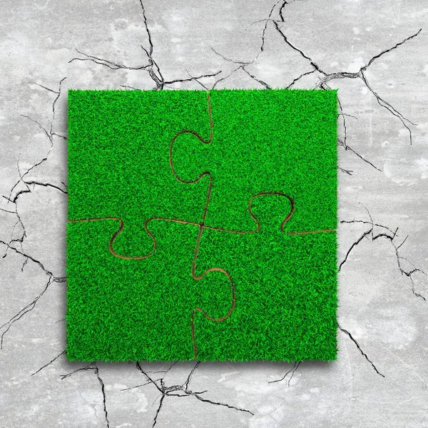 Puzzle Trama Erba Verde Sfondo Grigio Chiaro Crepato Pavimento Cemento — Foto Stock