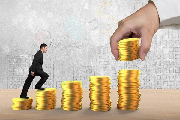 Side View Businessman Climbing Step Stairs Golden Coins Stacked Human — Stock Photo, Image