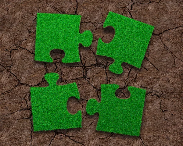 Czterech Puzzle Zieleni Trawy Tekstury Suchej Gleby Czerwone Tło Wysokiej — Zdjęcie stockowe