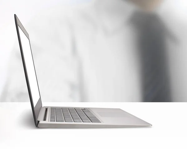 Silver Laptop Blank Monitor Screen White Table Side View — Stock Photo, Image