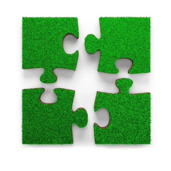 Four Jigsaw Puzzles Made Out Green Grass Isolated White High — Stock Photo, Image