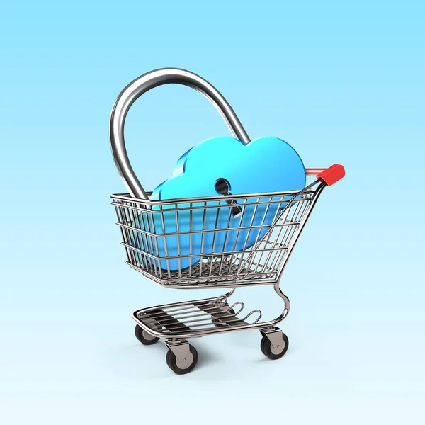 Cloud Shape Lock Shopping Cart Isolated White Line Shopping Concept — Stock Photo, Image