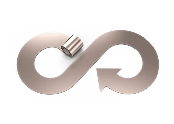 Koncepcja Gospodarki Obiegu Zamkniętym Metalowe Rolki Strzałka Infinity Recykling Symbol — Zdjęcie stockowe
