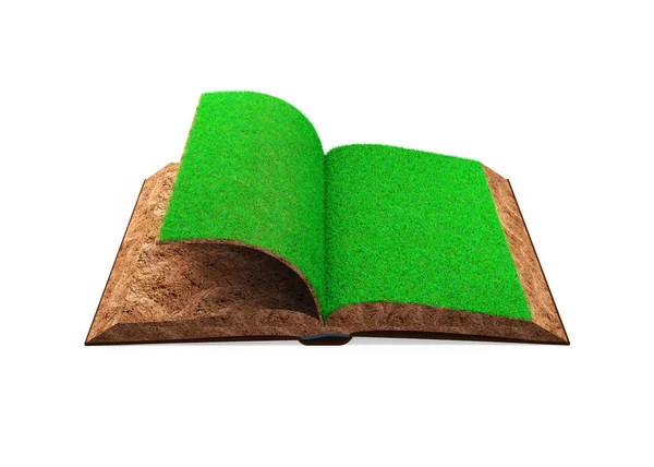 Livro Aberto Grama Verde Solo Texturizado Isolado Fundo Branco Visão — Fotografia de Stock