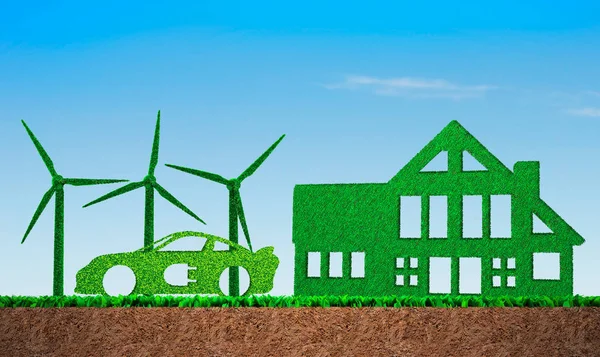 风轮机 电动车和建筑的绿草 蓝天和草甸土剖面背景 可再生能源和循环经济的概念 — 图库照片
