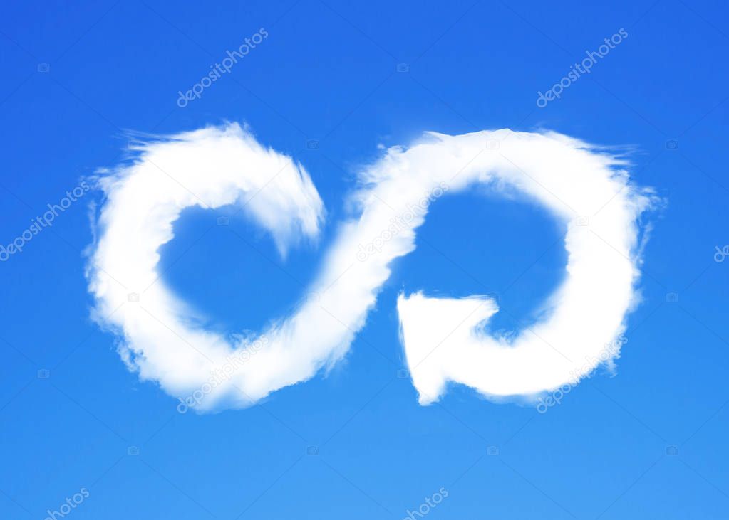 ECO and circular economy concept. White clouds in arrow infinity recycling symbol shape in blue sky, 3D illustration.