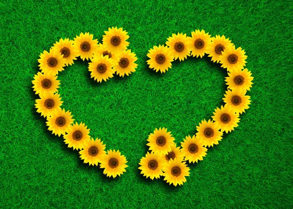 Sonnenblumen Herzform Und Recycling Symbol Auf Grünem Graswiesen Hintergrund Draufsicht — Stockfoto
