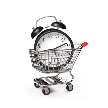 Çalar saat alışveriş sepetindeki, yan görünüm, beyaz izole 3d çizim.