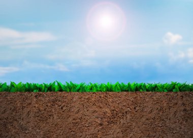 Çim ve toprak, güneşli gökyüzü bulutlar arka plan üzerinde kesiti.